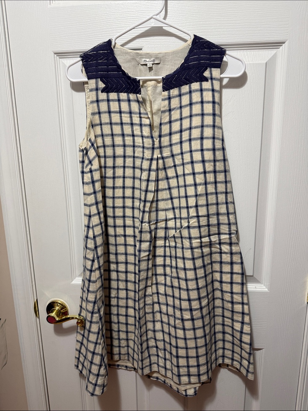 Madewell Cream and Navy Checked Sleeveless Dress with Navy Trim